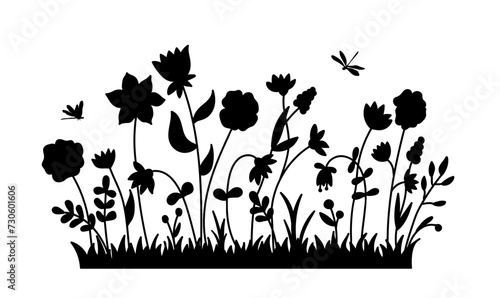 Silhouette wildflowers grass and dragonfly. Black hand drawn vector illustration with spring or summer flowers. Shadow of herb and plant. Nature field isolated on white background
