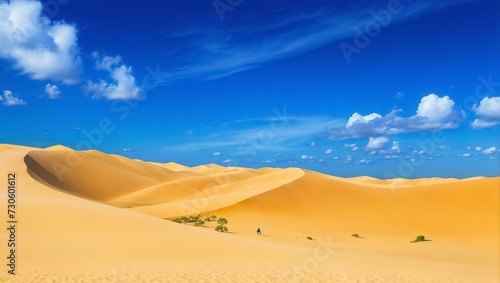 A vast desert landscape with towering sand dunes and a bright blue sky with fluffy white clouds.