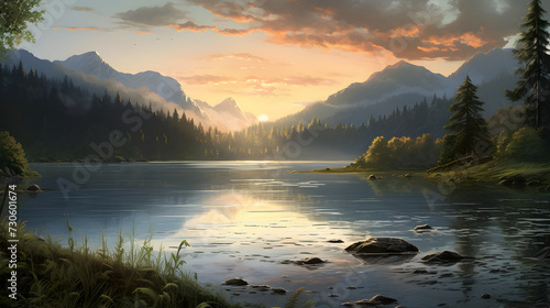 Meticulous landscape painting    AI Generated. AI Generative. Beautiful nature outdoor landscape background. Lake river forest and mountain view. Adventure explore vibe. Graphic Art Pro Photo  