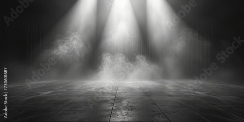 Spotlights cast their beams onto an empty stage against a dark background  atmosphere of anticipation and potential for performance or presentation.