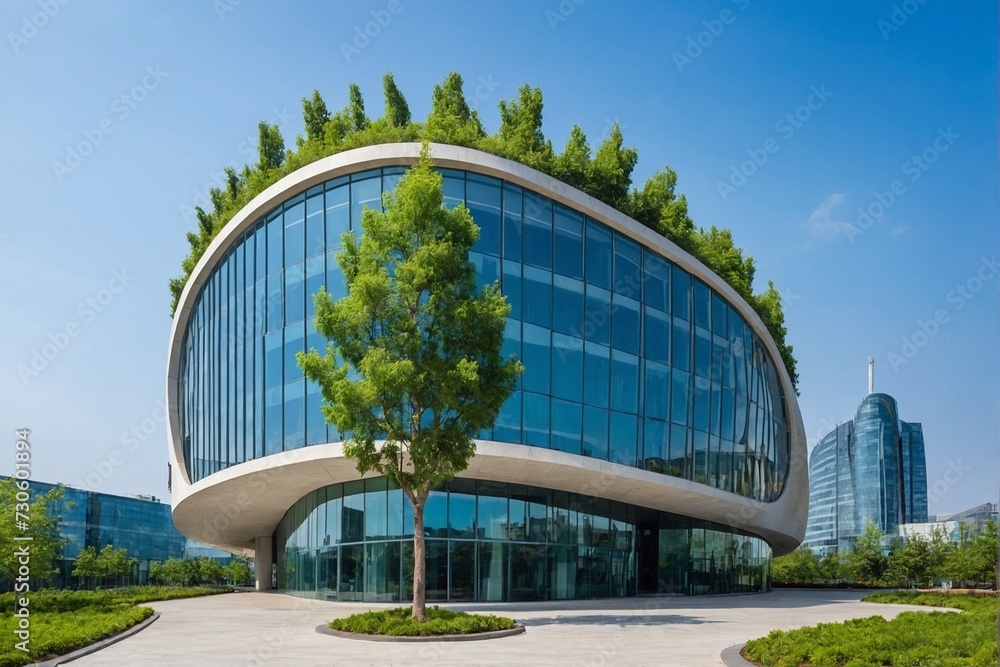 Fototapeta premium Modern office building exterior with green tree and blue sky.