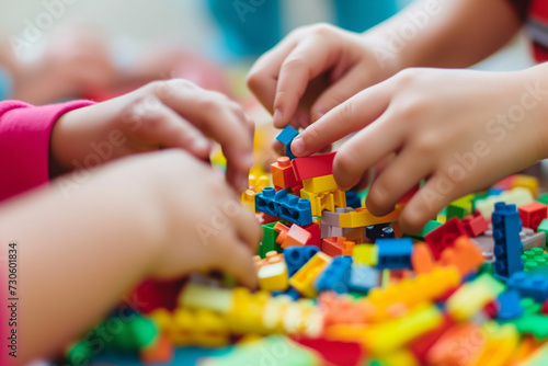 children's hands assembling constructor, close-up