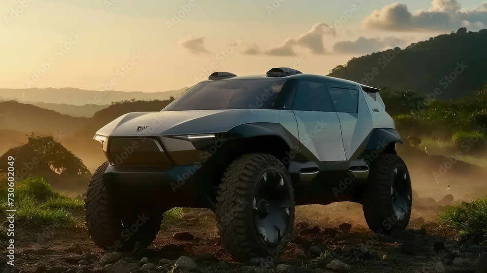 Next-Gen Adventure, A Futuristic Off-Road Electric Car, Redefining Exploration with Cutting-Edge Technology and Eco-Friendly Innovation.