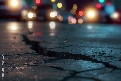crack in the asphalt on the city highway at night after the earthquake