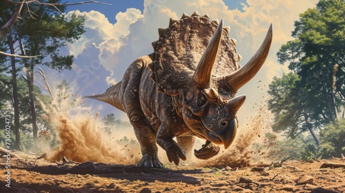 The determined Triceratops dig their powerful hind legs into the ground creating deep grooves in their struggle for dominance over the territory.