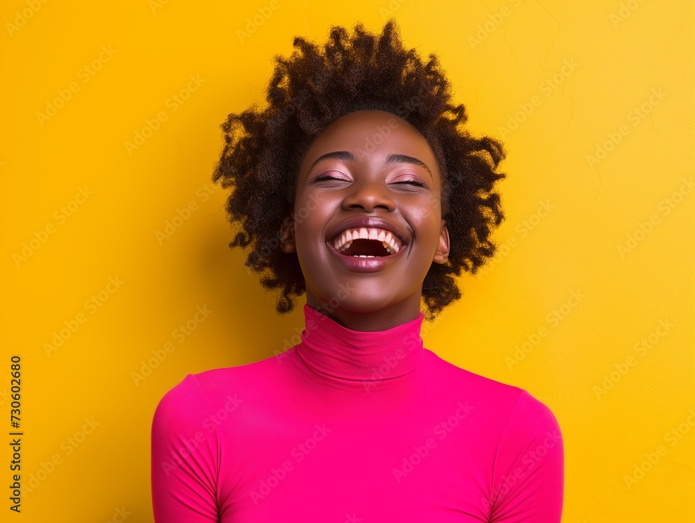 Vibrant image of a cheerful young African women laughing heartily, wearing a pink turtleneck against a vivid yellow backdrop. Vibrant image of a cheerful young African women laughing heartily, wearing a pink turtleneck against a vivid yellow backdrop.