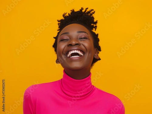Vibrant image of a cheerful young African women laughing heartily, wearing a pink turtleneck against a vivid yellow backdrop. © Rudsaphon