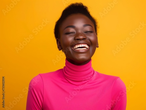 Vibrant image of a cheerful young African women laughing heartily, wearing a pink turtleneck against a vivid yellow backdrop. © Rudsaphon