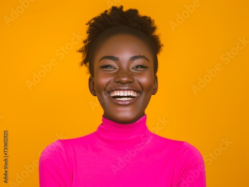Vibrant image of a cheerful young African women laughing heartily, wearing a pink turtleneck against a vivid yellow backdrop.