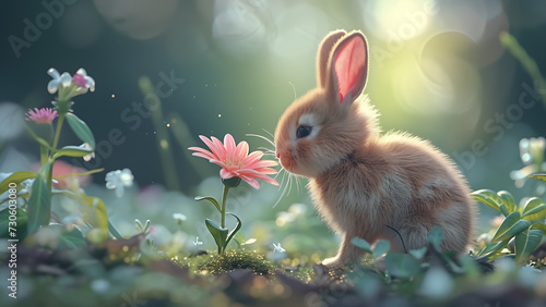 A small bunny is smelling a flower.