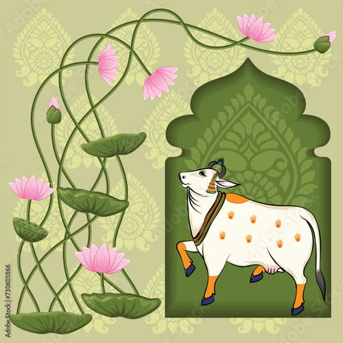 Indian traditional Rajasthani painting cow near the Lotus arch
