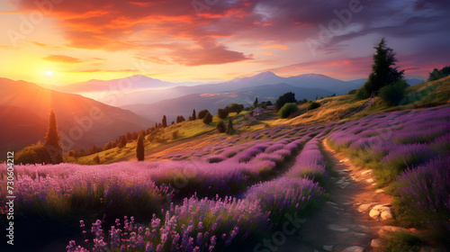 A sunset over a lavender field with a sunset in the background,, Lavender field background. Illustration Free Photo