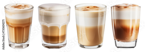 Variety of Layered Coffee Drinks in Transparent Glasses