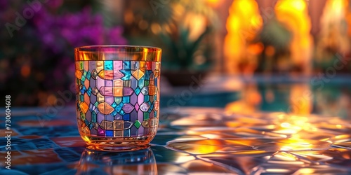 Exquisite Fusion, A Cup Featuring Inlaid Umayyad Tiles Crafted from Translucent Glass, Blending Tradition with Modern Elegance. photo