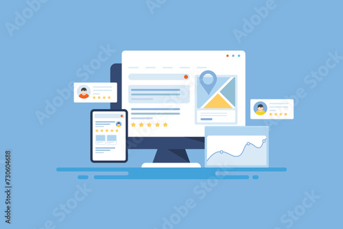 Business listing in SEO, search engine display information about local store, such as address, location, visiting hours, customer review, vector illustration concept.