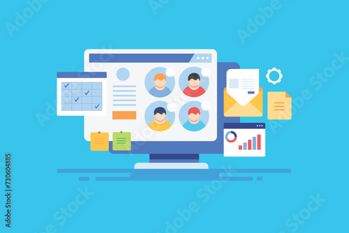 Project management software creating plan, task allocation, work schedule, monitoring progress report, productivity increase business efficiency solution technology vector illustration.