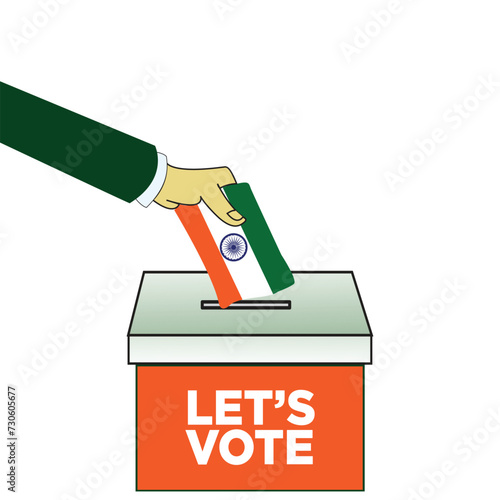 "Let's Vote" vector design Ballot Box with hand and Indian Flag. India General Election 2024 Voting Concept on a white background. Ideal for use in campaign posters and banners. EPS Editable Format.
