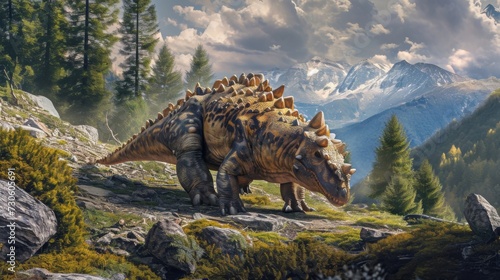 A curious ankylosaurus cautiously exploring a rocky mountain path its sy armor protecting it from any potential predators. © Justlight