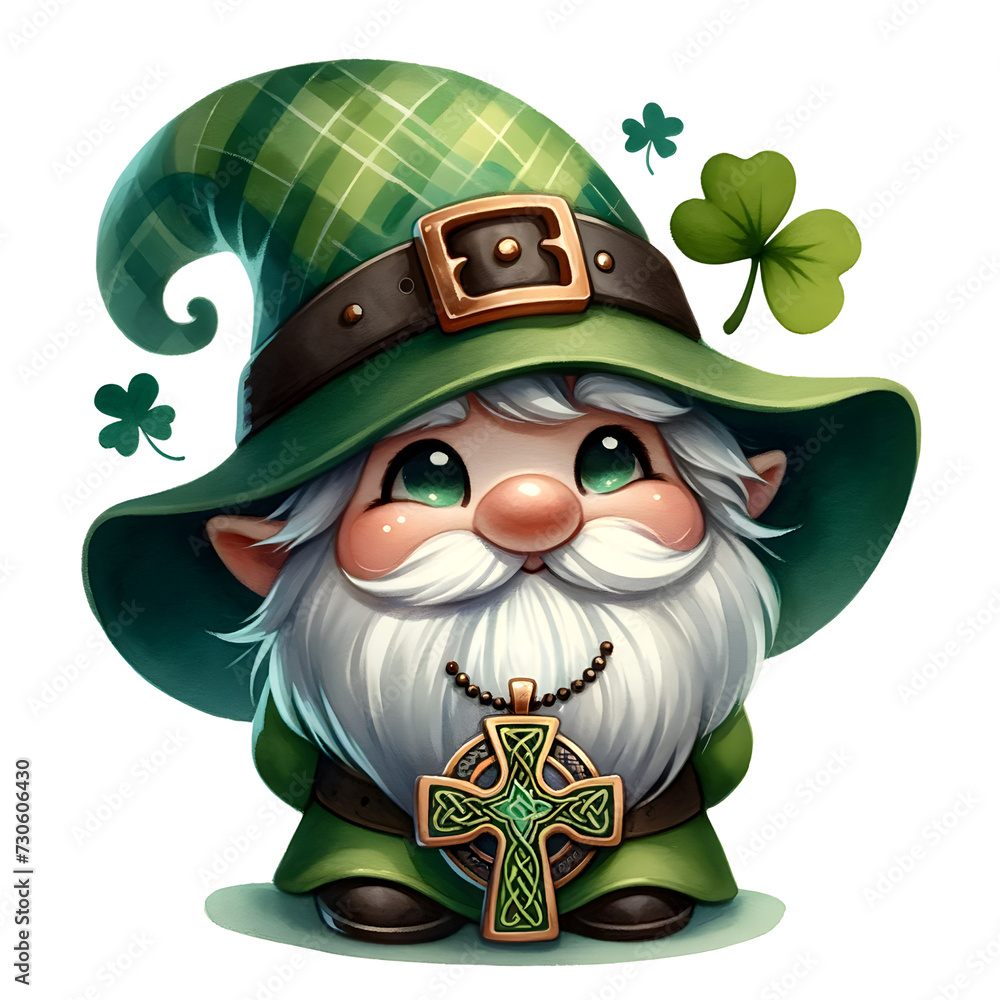 Fototapeta premium The St. Patrick's Gnome brings Irish cheer with its green attire, shamrock accents, and mischievous grin. Perfect for St. Patrick's Day decor.
