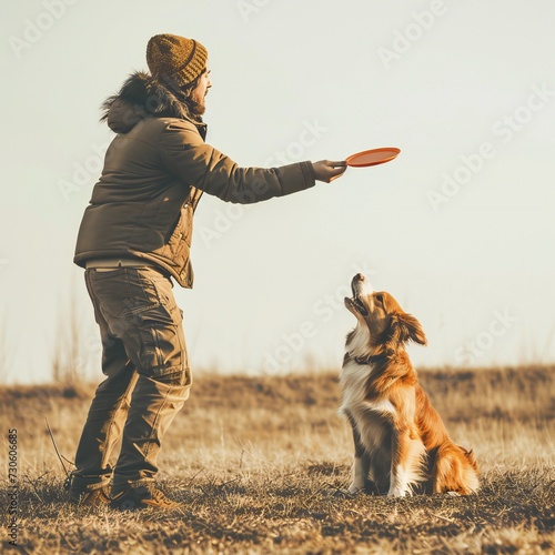 man playing fresbee with dog photo