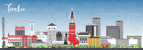 Turku Finland city skyline with color buildings and blue sky. Turku cityscape with landmarks. Business travel and tourism concept with modern and historic architecture.