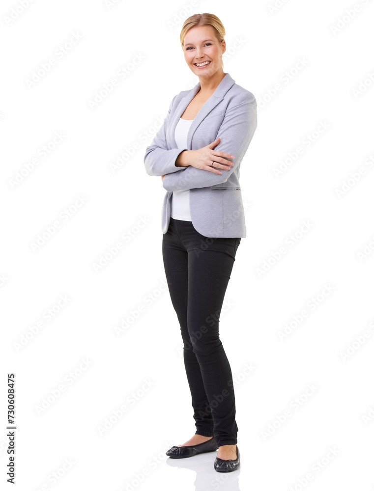 Business woman, white background and studio with smile, pumps and arms crossed. Professional female executive, formal and happy for startup, company and confidence while standing by portrait Business woman, white background and studio with smile, pumps and arms crossed. Professional female executive, formal and happy for startup, company and confidence while standing by portrait