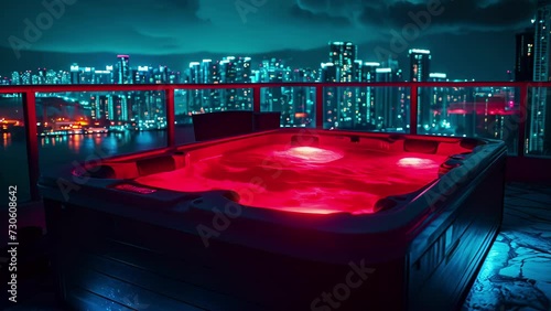 A neon red hot tub overlooking the city skyline with neon blue lights illuminating the water. photo