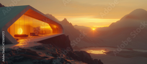 Futuristic home overlooking volcano at sunset/sunrise, minimalist, AI-generative