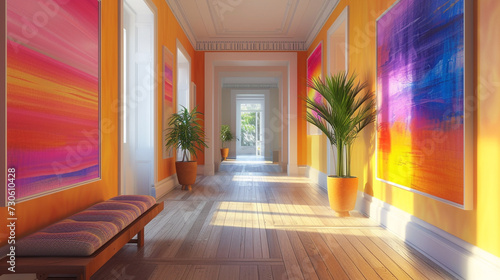 A simple hallway with colorful artwork and a cozy bench