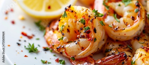 Closeup of lemon-infused grilled shrimp on a white background.
