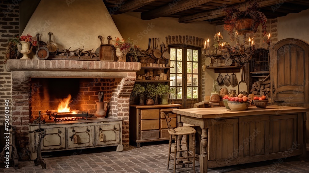Rustic Elegance: French Country Kitchen with Timeless Antique Accents