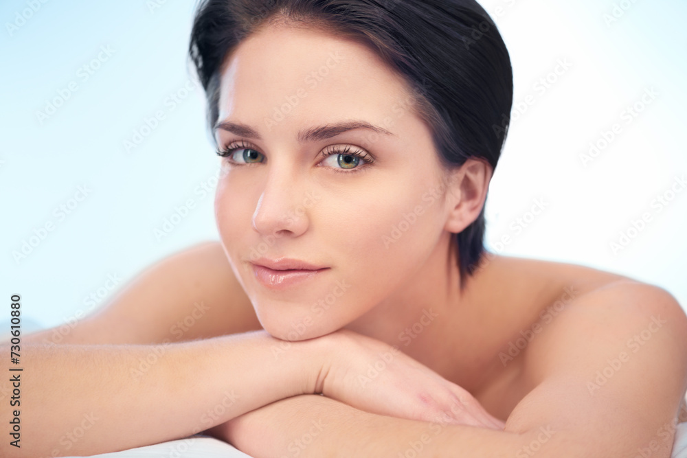 Skincare, relax or face of woman in studio isolated on blue background for wellness in spa or salon. Smooth, anti aging or natural results of model, lady or confident person with shine, youth or glow Skincare, relax or face of woman in studio isolated on blue background for wellness in spa or salon. Smooth, anti aging or natural results of model, lady or confident person with shine, youth or glow