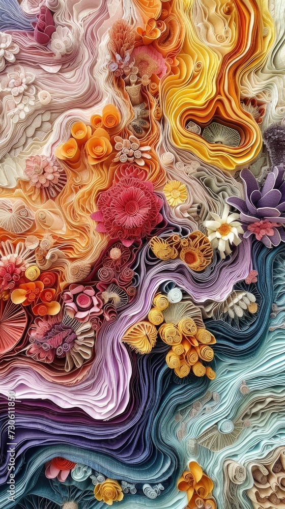 Close up of a colorful paper art with flowers. Vertical background 