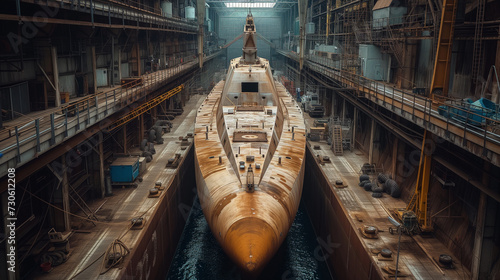 A striking red ship secured in a dry dock, surrounded by the industrial setup for maintenance, under moody atmospheric lighting.