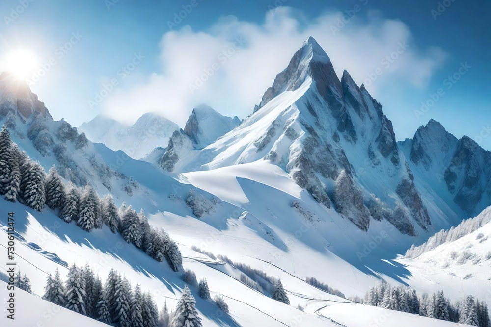 Majestic mountain peak in tranquil winter landscape
