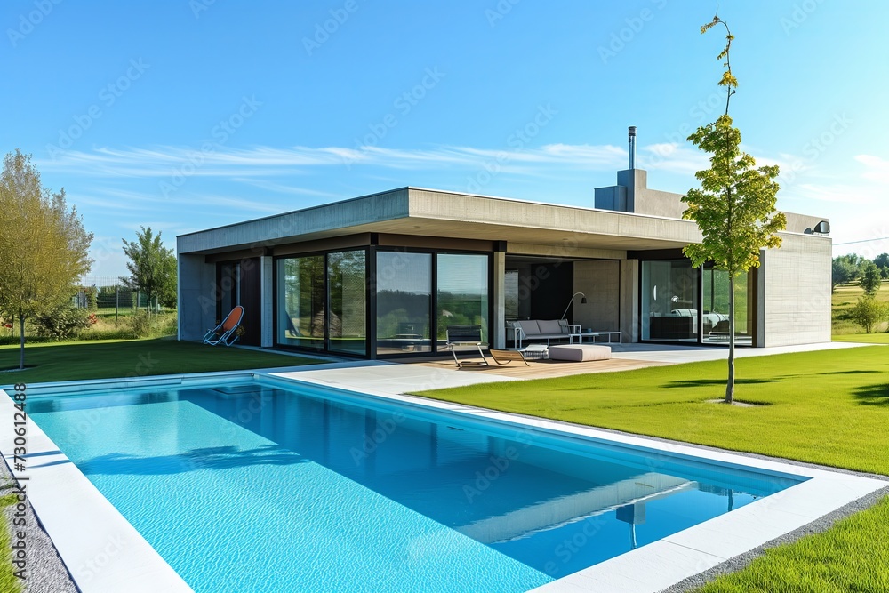 modern architecture design: a model of a contemporary creative single-family house with tall windows and concrete optic in the countryside with a huge clear swimming pool