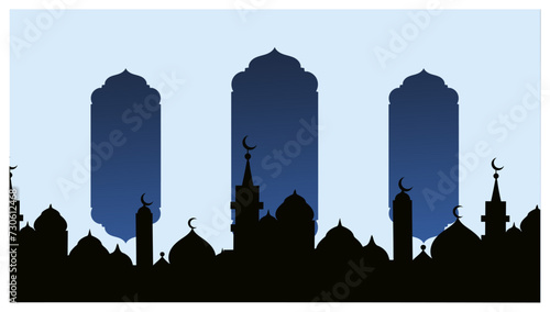 ramadan ramadhan kareem background mosque, camel, palm tree, desert moon crescent, arches windows, eid mubarak greeting card background