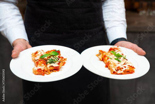 Waiter in Black Apron Holding Two Plates of Lasagna. A professional waiter presents two plates of mouth-watering lasagna garnished with basil, showcasing restaurant quality Italian cuisine.