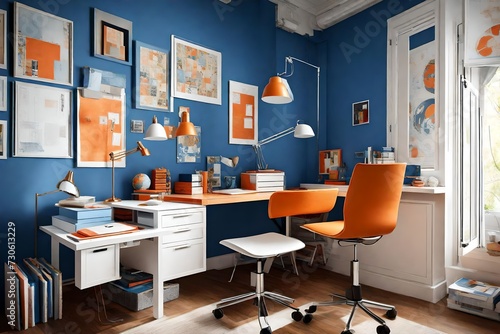 Workspace with desk and chair in elegant teenager's room with blue and orange design
