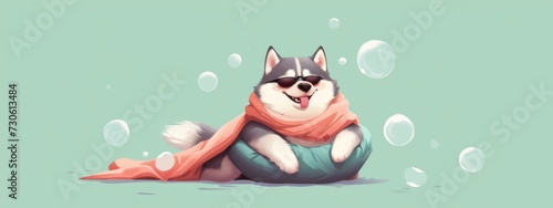 a illustrations digital art style of fat and cute husky, husky is floating from the ground , mute green palatte pastel background , minimal , puppy , fluffy , Stick tongue out , wearing sunglasses and photo