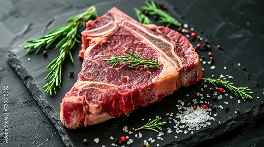 Dry-aged Raw T-bone or porterhouse beef steak with herbs and salt. On a black stone background. Barbecue