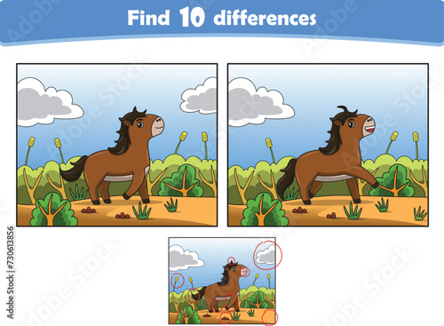 Funny cartoon horse. Find 10 differences. Kids Education games. Cartoon vector illustration