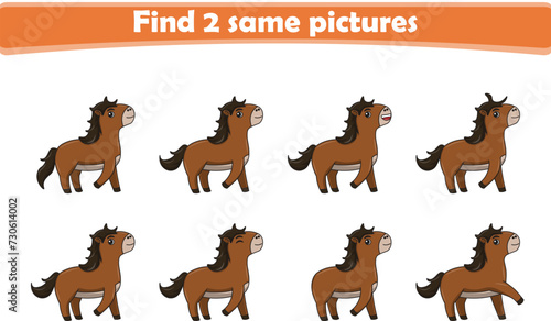 Funny cartoon horse. Find two same pictures. Educational game for children. Cartoon vector illustration