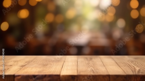 The empty wooden table top with blur background. Exuberant image. generative ai