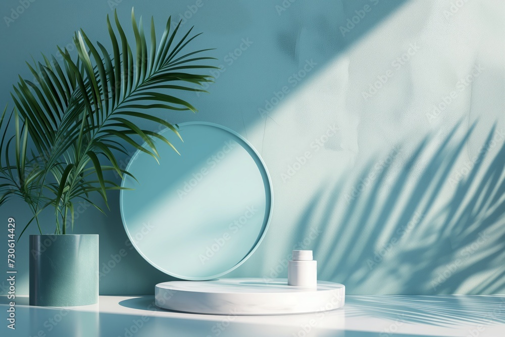 Beauty product photo background: smooth round pale blue podium in hard sunlight with palm tree leaf reflection on mint turquoise background, negative space Beauty product photo background: smooth round pale blue podium in hard sunlight with palm tree leaf reflection on mint turquoise background, negative space