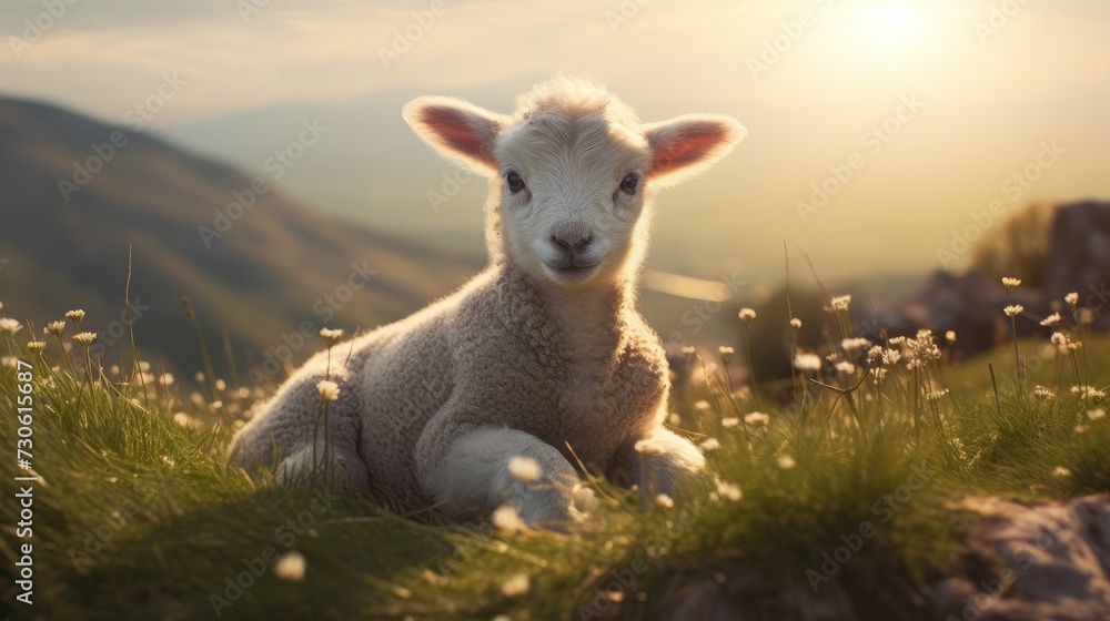 Obraz premium A little lamb is standing in a field. Agricultural industry.