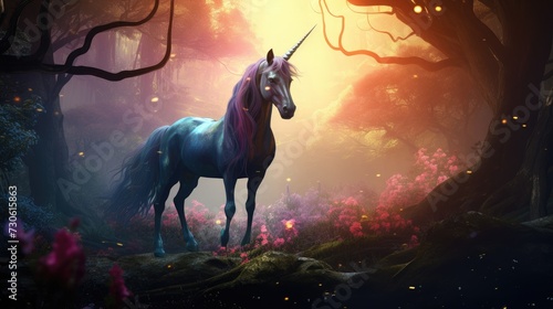 A beautiful  graceful unicorn in a fabulous forest. A fictional character  mythology.