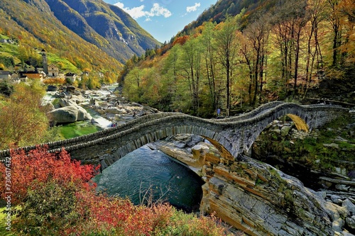 Old Roman bridge Ponte dei Salti over Verzasca, Lavertezzo, Verzasca Valley, Valle Verzasca, Canton Ticino, Switzerland, Europe photo
