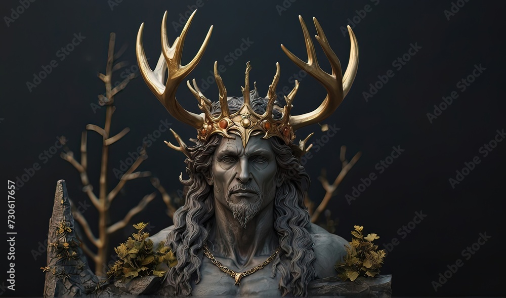 Statue of pagan god with deer antlers crown and golden details