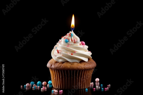 Food  holiday concept. Cupcake with burning birthday candle isolated on black background